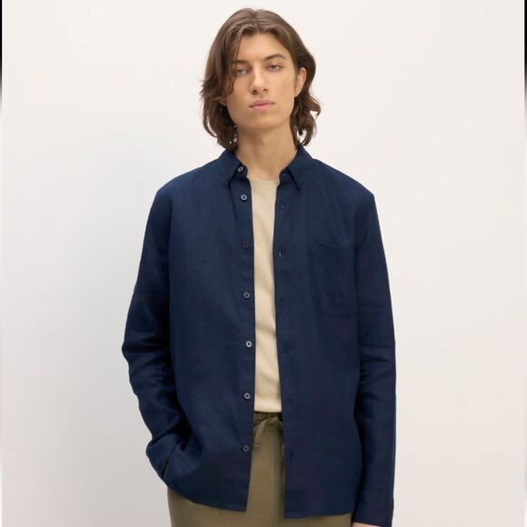 Everlane 100% Linen Men's Navy Casual Button Down Shirt Size L - Picture 1 of 9